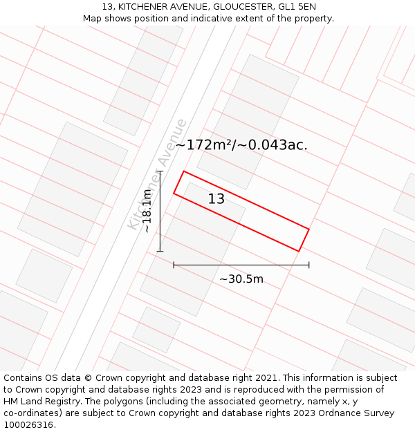 13, KITCHENER AVENUE, GLOUCESTER, GL1 5EN: Plot and title map