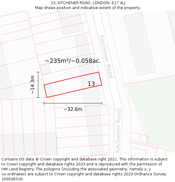 13, KITCHENER ROAD, LONDON, E17 4LJ: Plot and title map