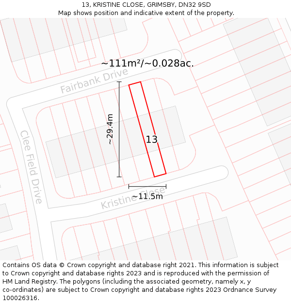 13, KRISTINE CLOSE, GRIMSBY, DN32 9SD: Plot and title map