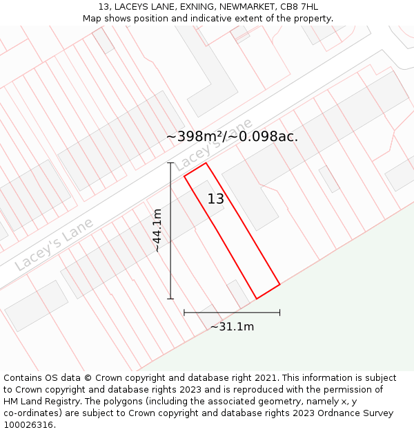 13, LACEYS LANE, EXNING, NEWMARKET, CB8 7HL: Plot and title map