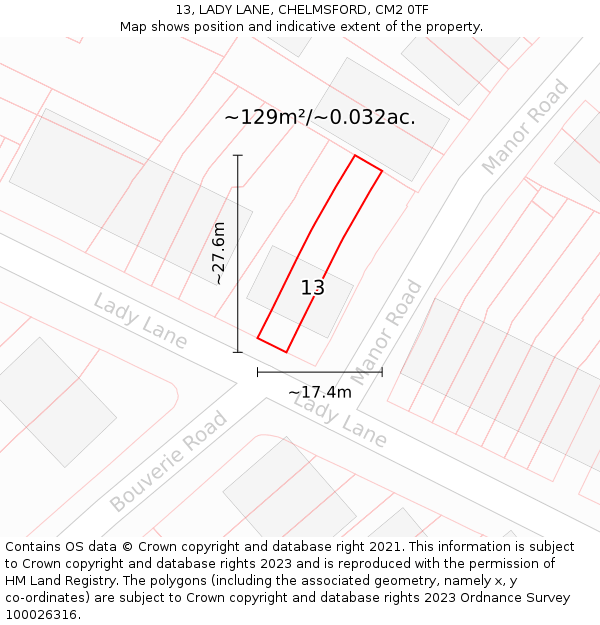 13, LADY LANE, CHELMSFORD, CM2 0TF: Plot and title map