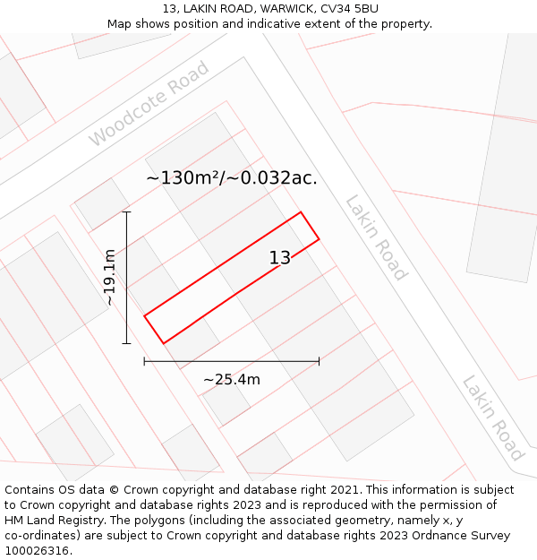 13, LAKIN ROAD, WARWICK, CV34 5BU: Plot and title map