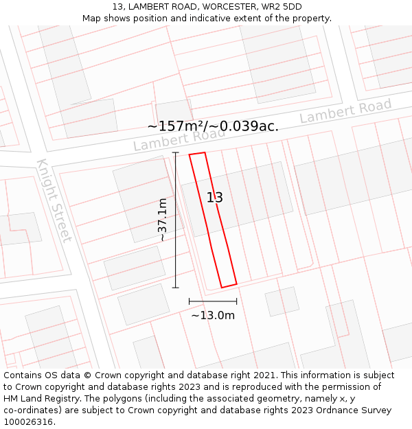 13, LAMBERT ROAD, WORCESTER, WR2 5DD: Plot and title map