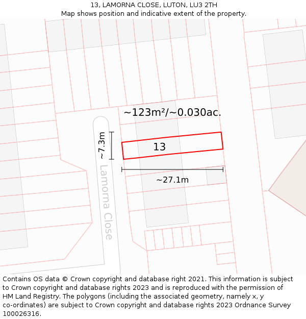 13, LAMORNA CLOSE, LUTON, LU3 2TH: Plot and title map