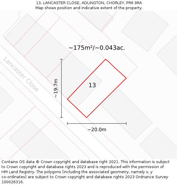 13, LANCASTER CLOSE, ADLINGTON, CHORLEY, PR6 9RA: Plot and title map