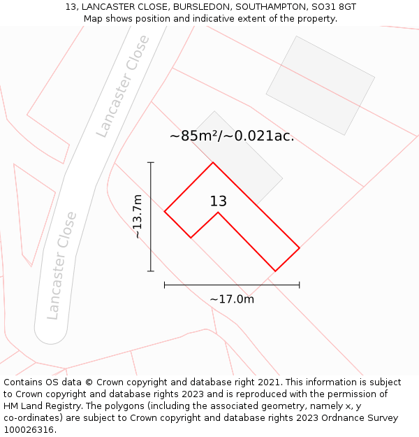13, LANCASTER CLOSE, BURSLEDON, SOUTHAMPTON, SO31 8GT: Plot and title map