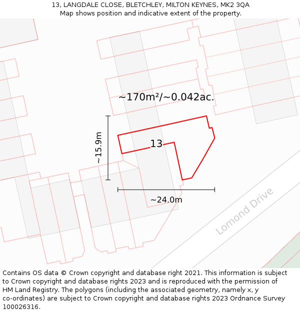 13, LANGDALE CLOSE, BLETCHLEY, MILTON KEYNES, MK2 3QA: Plot and title map
