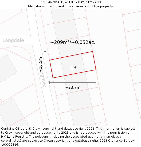 13, LANGDALE, WHITLEY BAY, NE25 9BB: Plot and title map