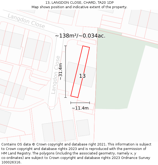 13, LANGDON CLOSE, CHARD, TA20 1DP: Plot and title map