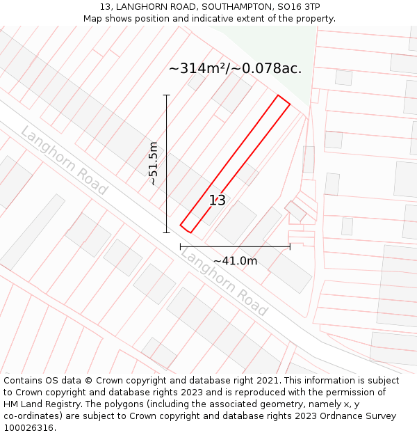 13, LANGHORN ROAD, SOUTHAMPTON, SO16 3TP: Plot and title map