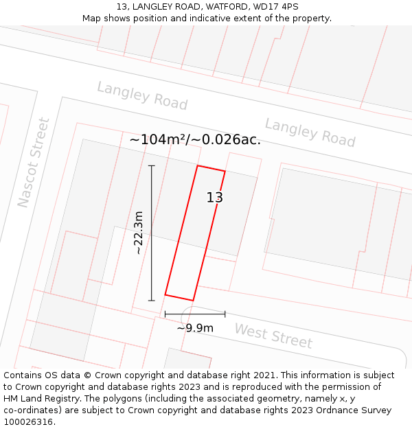 13, LANGLEY ROAD, WATFORD, WD17 4PS: Plot and title map