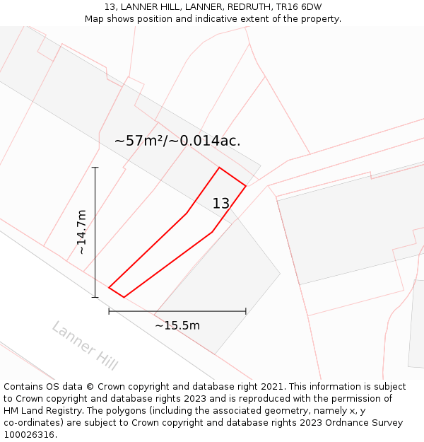 13, LANNER HILL, LANNER, REDRUTH, TR16 6DW: Plot and title map