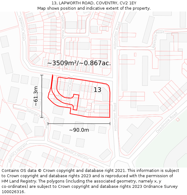 13, LAPWORTH ROAD, COVENTRY, CV2 1EY: Plot and title map