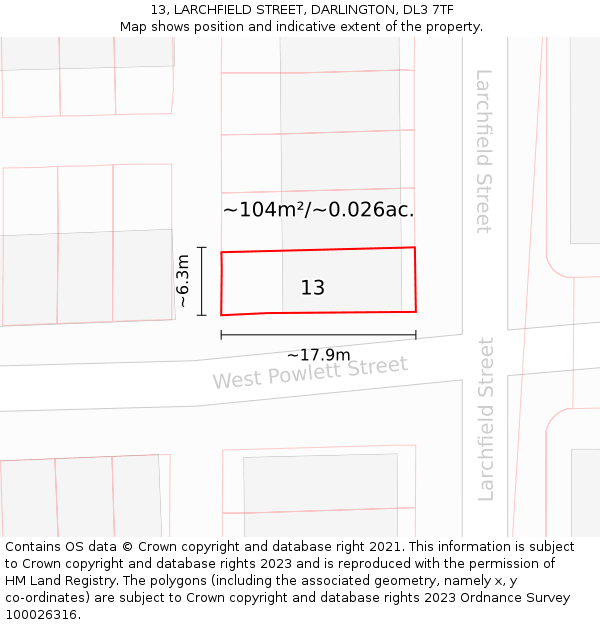 13, LARCHFIELD STREET, DARLINGTON, DL3 7TF: Plot and title map