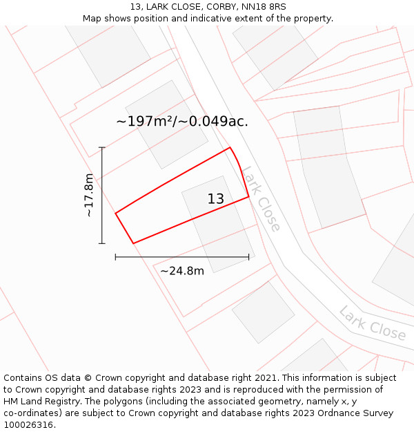 13, LARK CLOSE, CORBY, NN18 8RS: Plot and title map