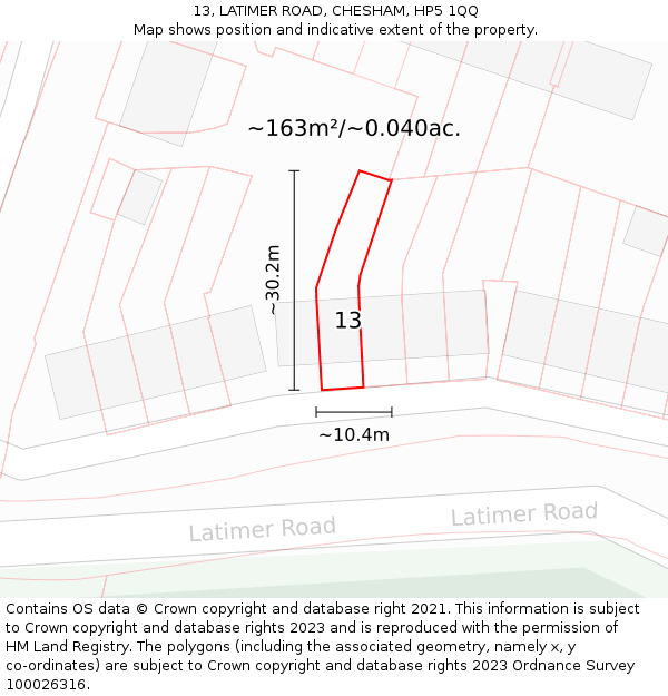 13, LATIMER ROAD, CHESHAM, HP5 1QQ: Plot and title map