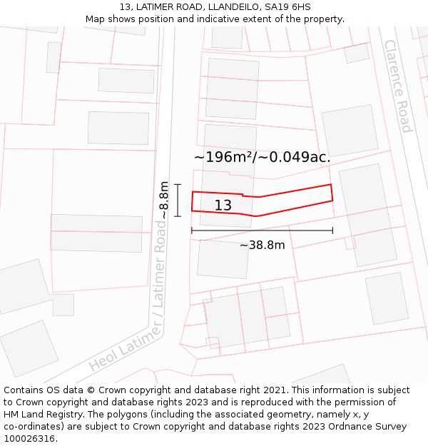 13, LATIMER ROAD, LLANDEILO, SA19 6HS: Plot and title map