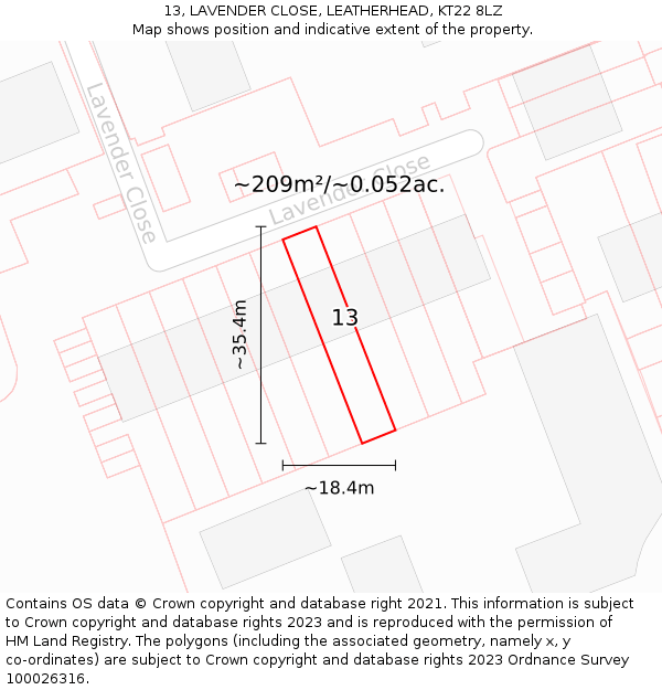 13, LAVENDER CLOSE, LEATHERHEAD, KT22 8LZ: Plot and title map