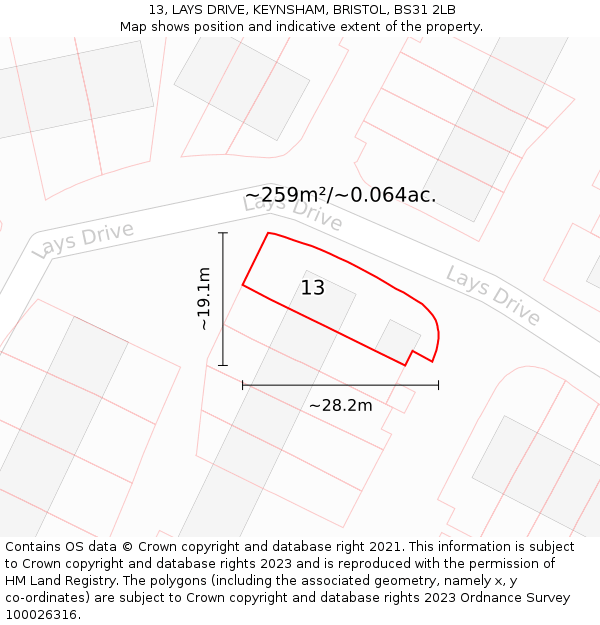 13, LAYS DRIVE, KEYNSHAM, BRISTOL, BS31 2LB: Plot and title map