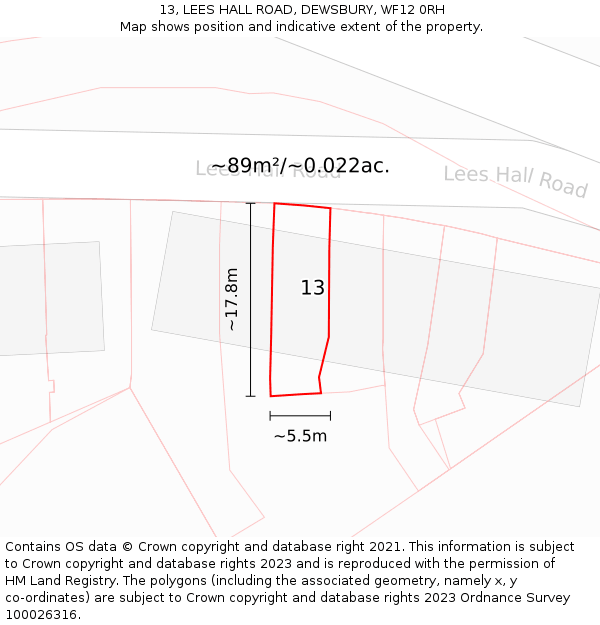 13, LEES HALL ROAD, DEWSBURY, WF12 0RH: Plot and title map