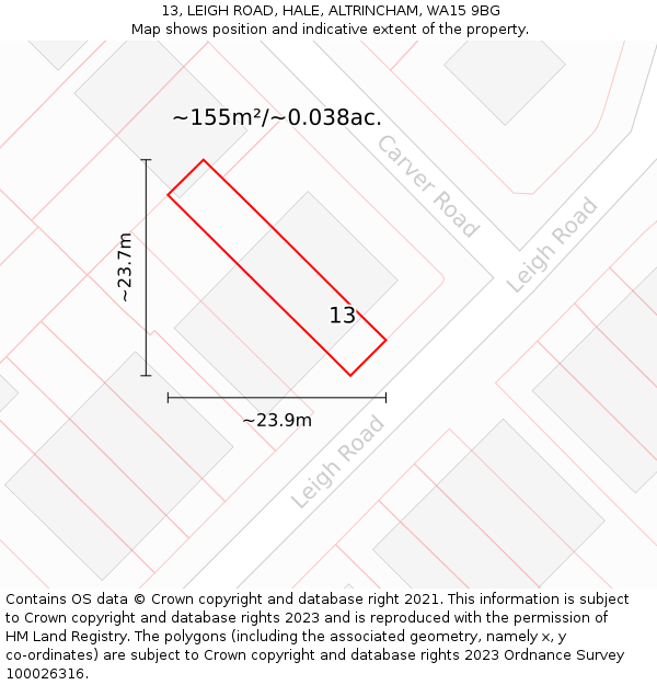 13, LEIGH ROAD, HALE, ALTRINCHAM, WA15 9BG: Plot and title map