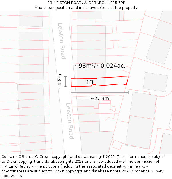 13, LEISTON ROAD, ALDEBURGH, IP15 5PP: Plot and title map