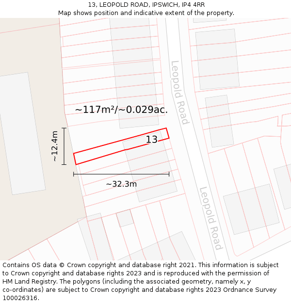 13, LEOPOLD ROAD, IPSWICH, IP4 4RR: Plot and title map