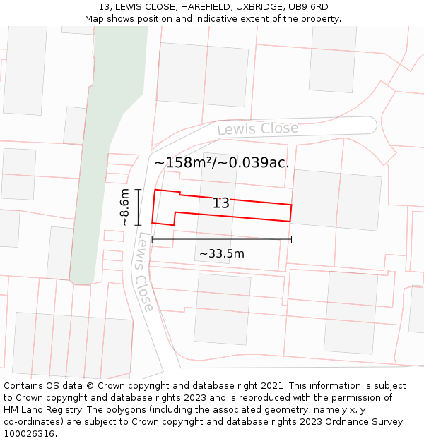 13, LEWIS CLOSE, HAREFIELD, UXBRIDGE, UB9 6RD: Plot and title map