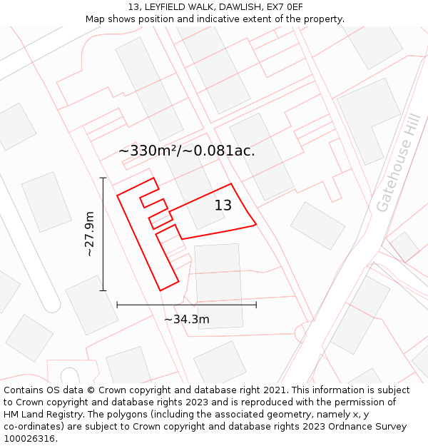 13, LEYFIELD WALK, DAWLISH, EX7 0EF: Plot and title map