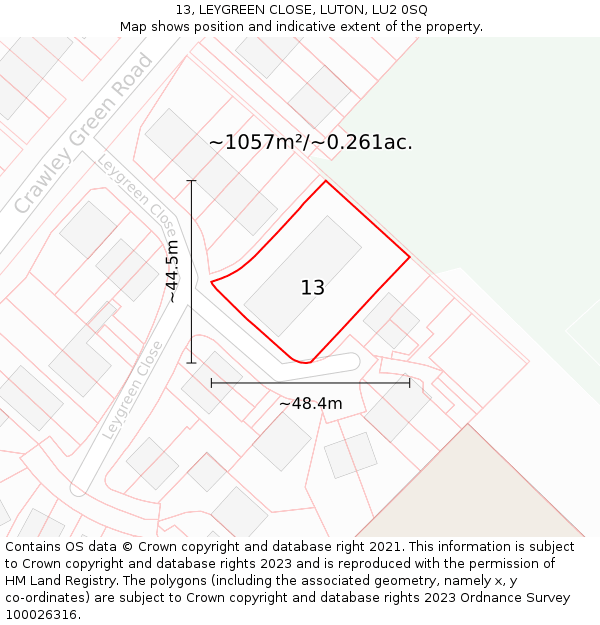 13, LEYGREEN CLOSE, LUTON, LU2 0SQ: Plot and title map