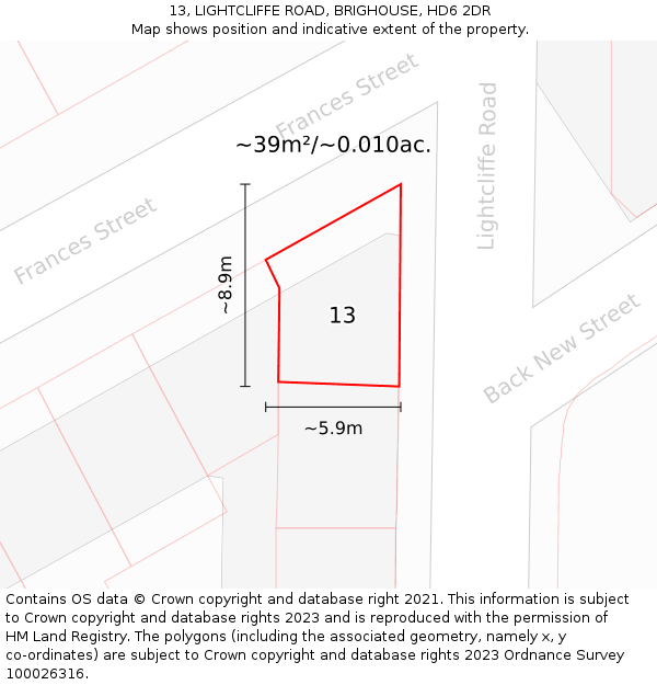 13, LIGHTCLIFFE ROAD, BRIGHOUSE, HD6 2DR: Plot and title map