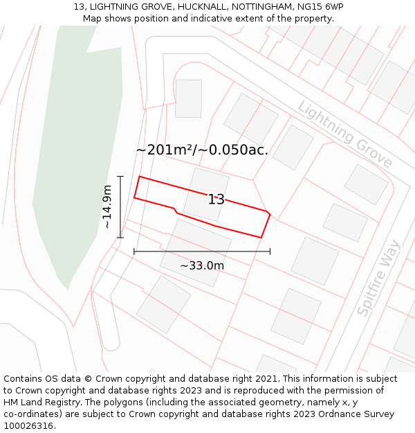 13, LIGHTNING GROVE, HUCKNALL, NOTTINGHAM, NG15 6WP: Plot and title map