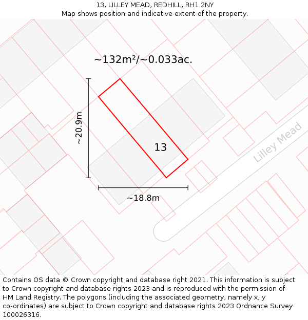 13, LILLEY MEAD, REDHILL, RH1 2NY: Plot and title map