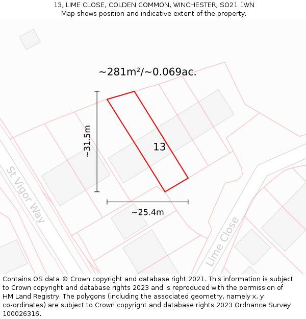 13, LIME CLOSE, COLDEN COMMON, WINCHESTER, SO21 1WN: Plot and title map