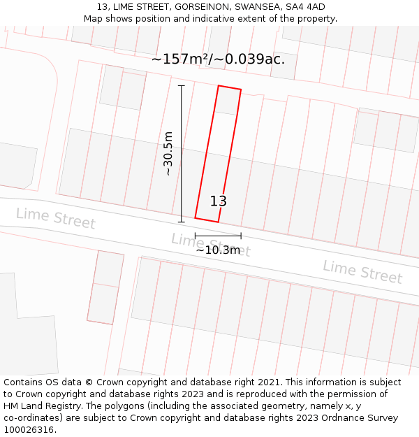 13, LIME STREET, GORSEINON, SWANSEA, SA4 4AD: Plot and title map