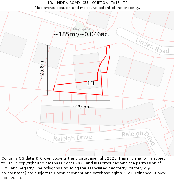 13, LINDEN ROAD, CULLOMPTON, EX15 1TE: Plot and title map