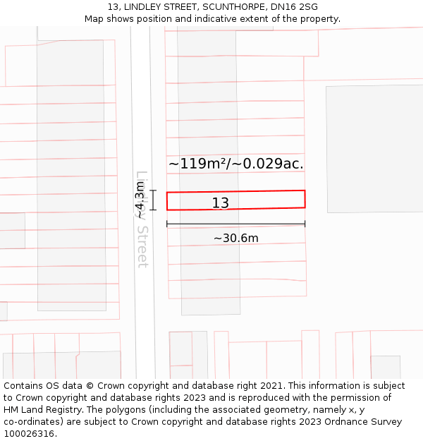 13, LINDLEY STREET, SCUNTHORPE, DN16 2SG: Plot and title map