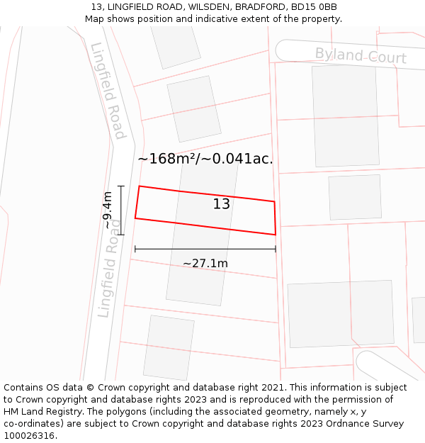13, LINGFIELD ROAD, WILSDEN, BRADFORD, BD15 0BB: Plot and title map