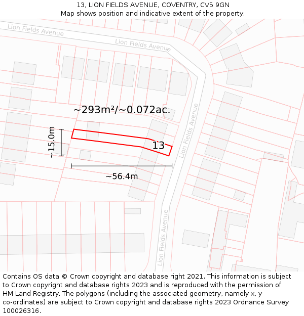13, LION FIELDS AVENUE, COVENTRY, CV5 9GN: Plot and title map
