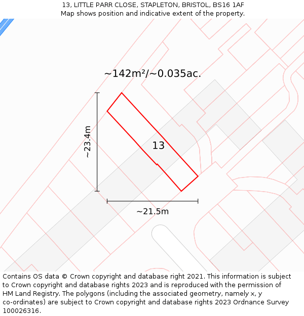 13, LITTLE PARR CLOSE, STAPLETON, BRISTOL, BS16 1AF: Plot and title map