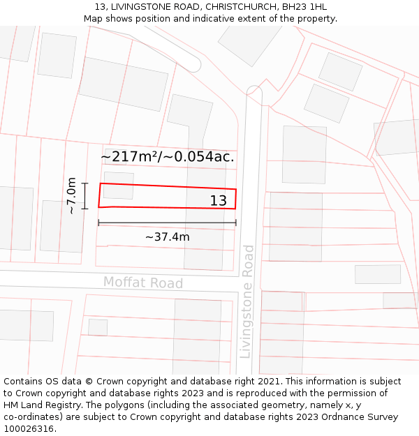 13, LIVINGSTONE ROAD, CHRISTCHURCH, BH23 1HL: Plot and title map