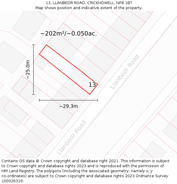 13, LLANBEDR ROAD, CRICKHOWELL, NP8 1BT: Plot and title map