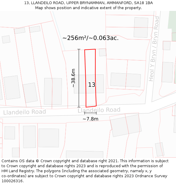 13, LLANDEILO ROAD, UPPER BRYNAMMAN, AMMANFORD, SA18 1BA: Plot and title map