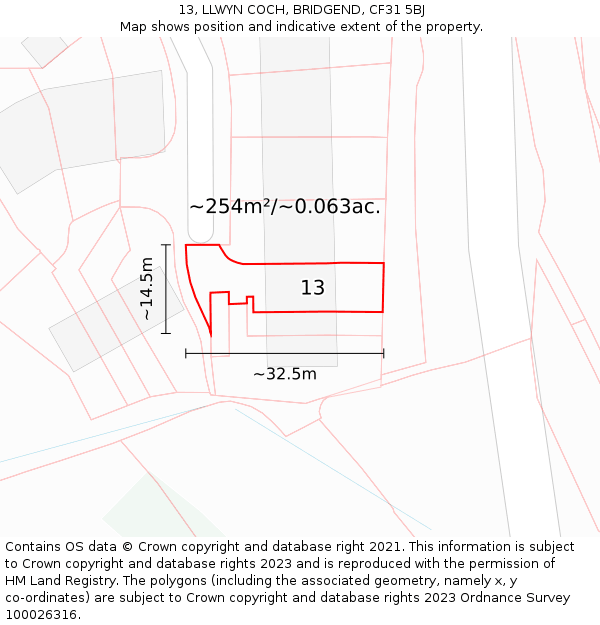 13, LLWYN COCH, BRIDGEND, CF31 5BJ: Plot and title map