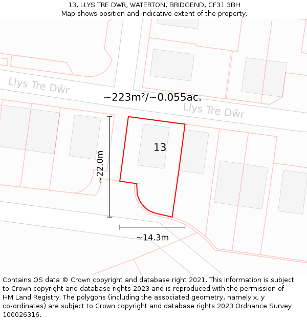 13, LLYS TRE DWR, WATERTON, BRIDGEND, CF31 3BH: Plot and title map
