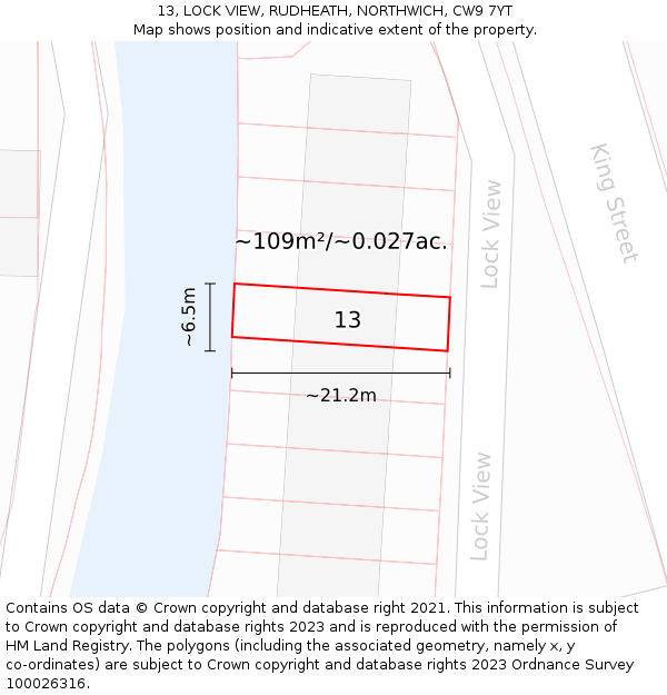 13, LOCK VIEW, RUDHEATH, NORTHWICH, CW9 7YT: Plot and title map