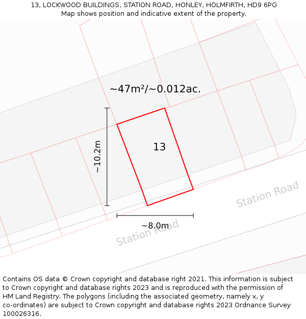 13, LOCKWOOD BUILDINGS, STATION ROAD, HONLEY, HOLMFIRTH, HD9 6PG: Plot and title map