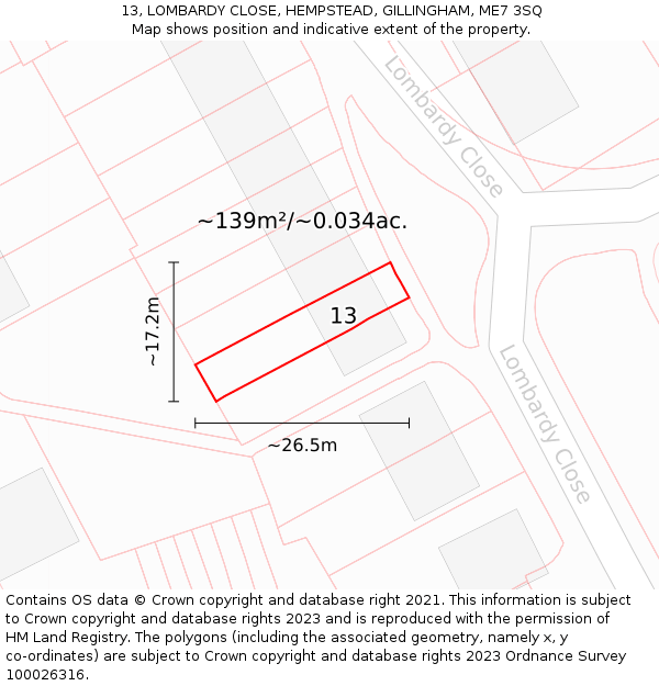13, LOMBARDY CLOSE, HEMPSTEAD, GILLINGHAM, ME7 3SQ: Plot and title map
