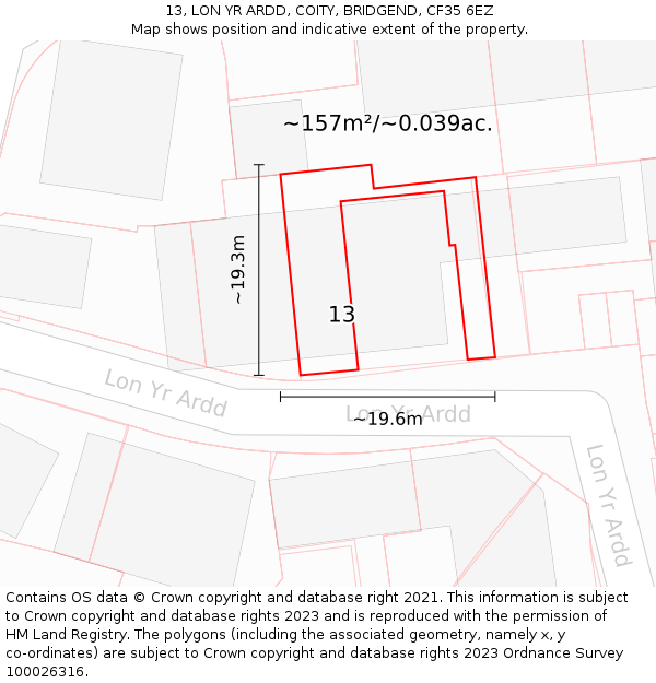 13, LON YR ARDD, COITY, BRIDGEND, CF35 6EZ: Plot and title map