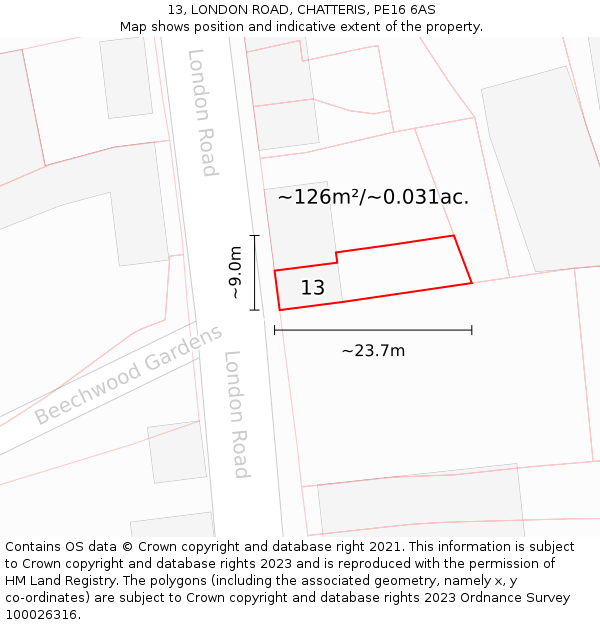 13, LONDON ROAD, CHATTERIS, PE16 6AS: Plot and title map